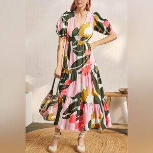 Boden Puff Sleeve Tiered Maxi Dress Ivory Abstract Bloom